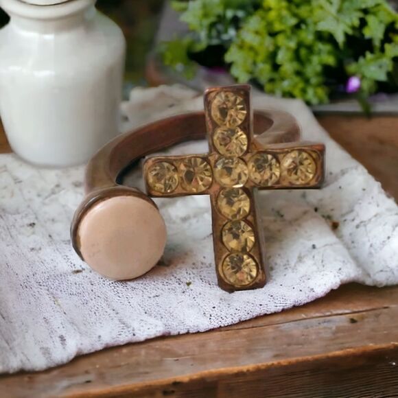 Brass Cross Open Ring Sz 5.5 or 6 Goth Handmade Rhinestone Victorian Religious - Picture 14 of 16